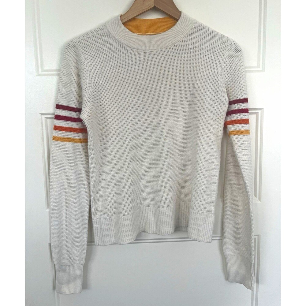 Faherty Women's Throwback Striped Sleeve Waffle Knit Crewneck Sweater Small S